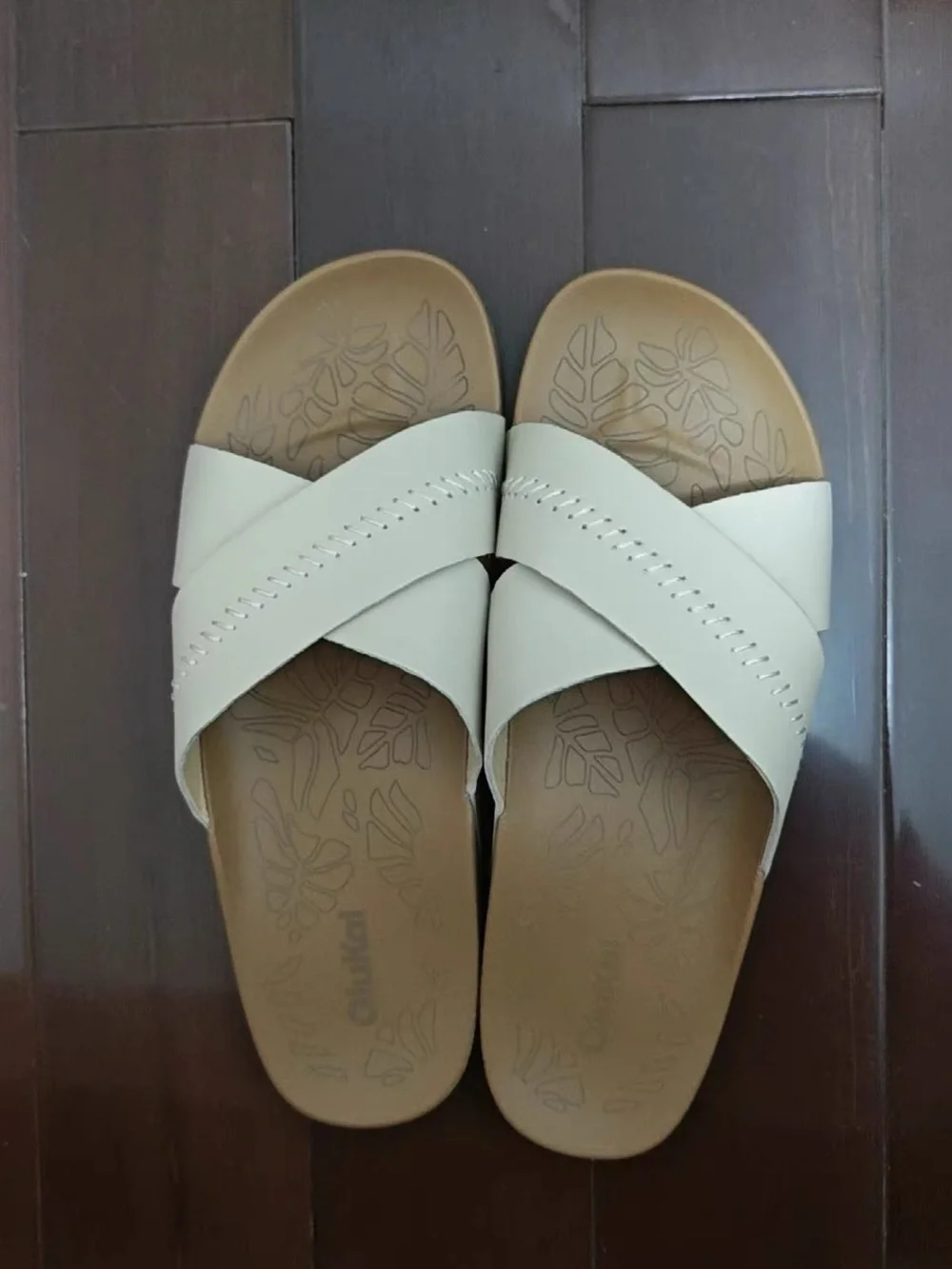 OluKai Women's Beige Cross-Strap Slide Sandals